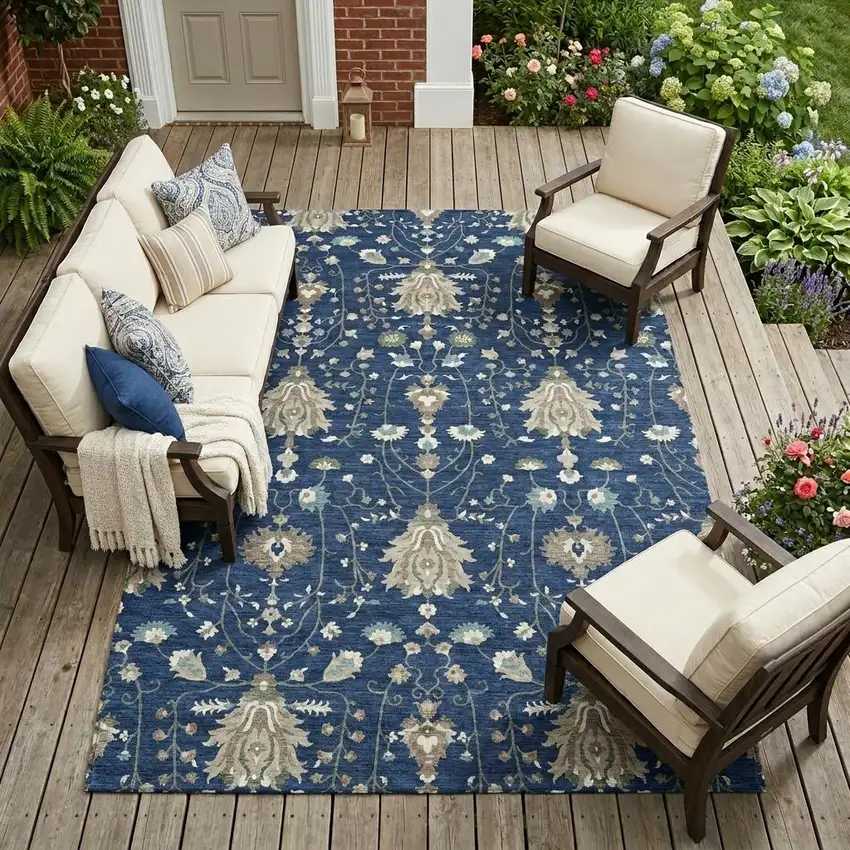Navy Blue And Blue Oriental Washable Indoor Outdoor Area Rug Photo 1