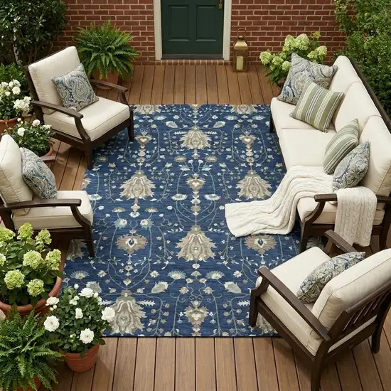 Navy Blue And Blue Oriental Washable Indoor Outdoor Area Rug Photo 1