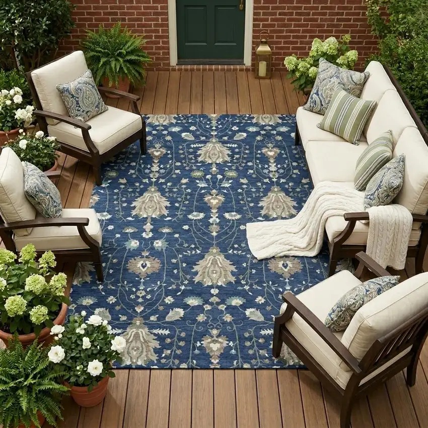 Navy Blue And Blue Oriental Washable Indoor Outdoor Area Rug Photo 1