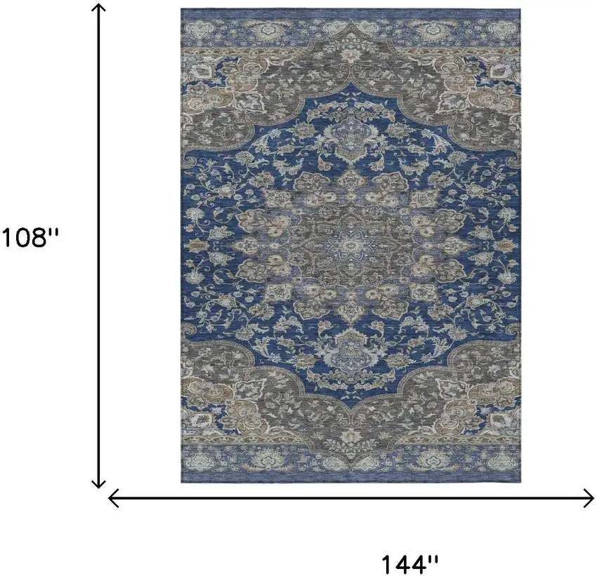 Navy Blue And Blue Oriental Washable Indoor Outdoor Area Rug Photo 5