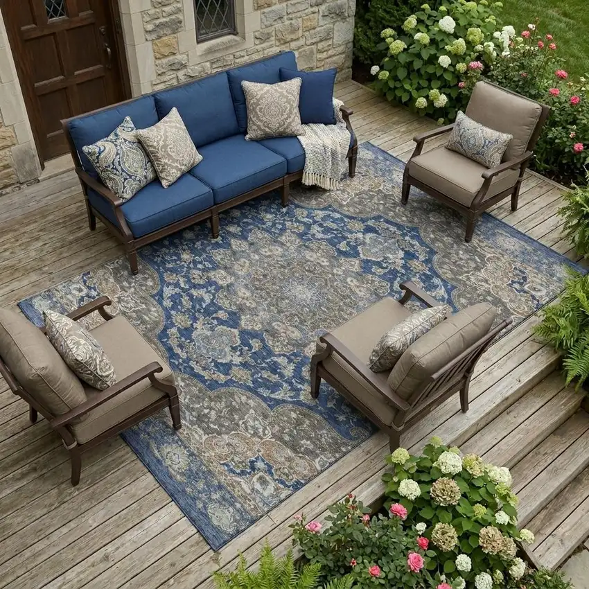 Navy Blue And Blue Oriental Washable Indoor Outdoor Area Rug Photo 1