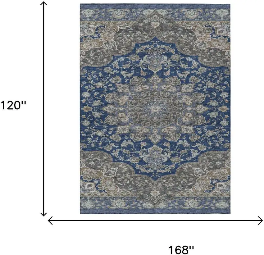 Navy Blue And Blue Oriental Washable Indoor Outdoor Area Rug Photo 5