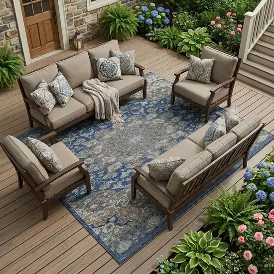 Navy Blue And Blue Oriental Washable Indoor Outdoor Area Rug Photo 1