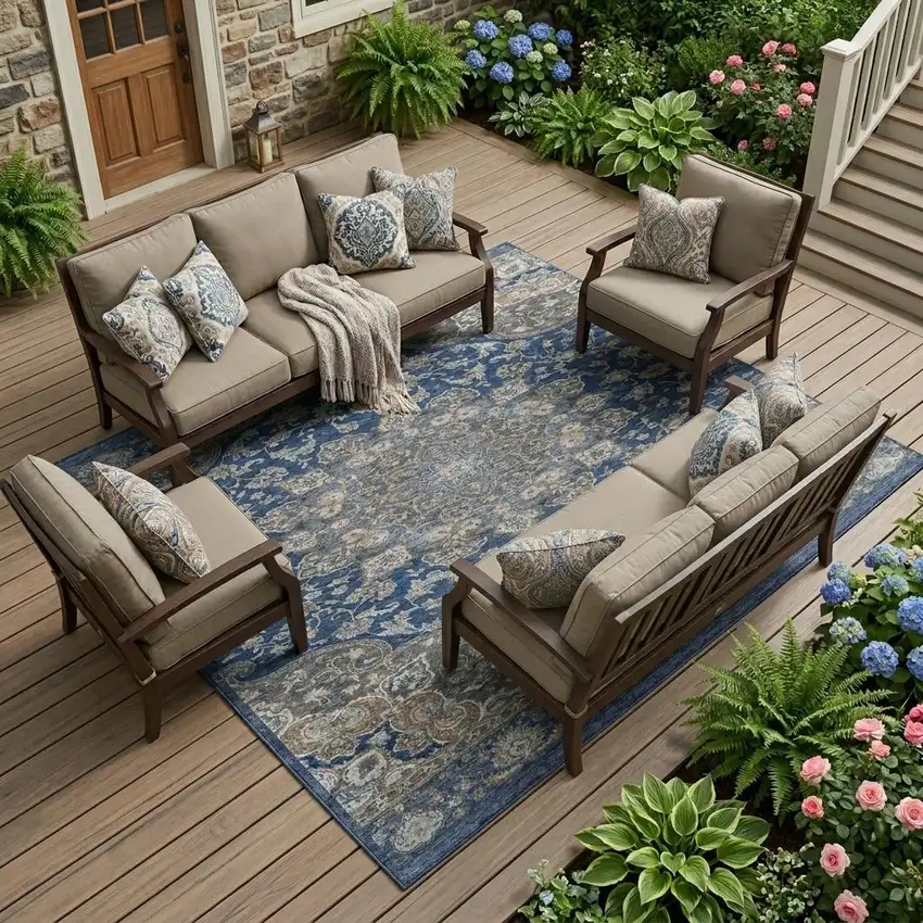 Navy Blue And Blue Oriental Washable Indoor Outdoor Area Rug Photo 1