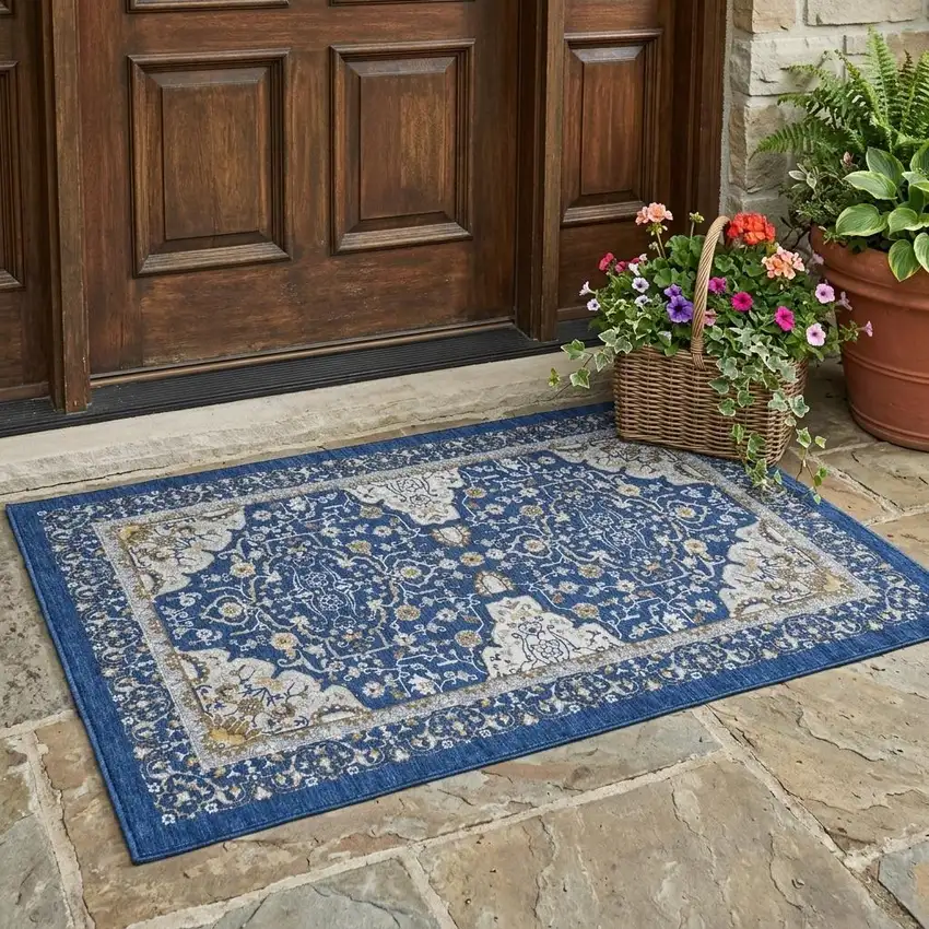 Navy Blue And Blue Oriental Washable Indoor Outdoor Area Rug Photo 1