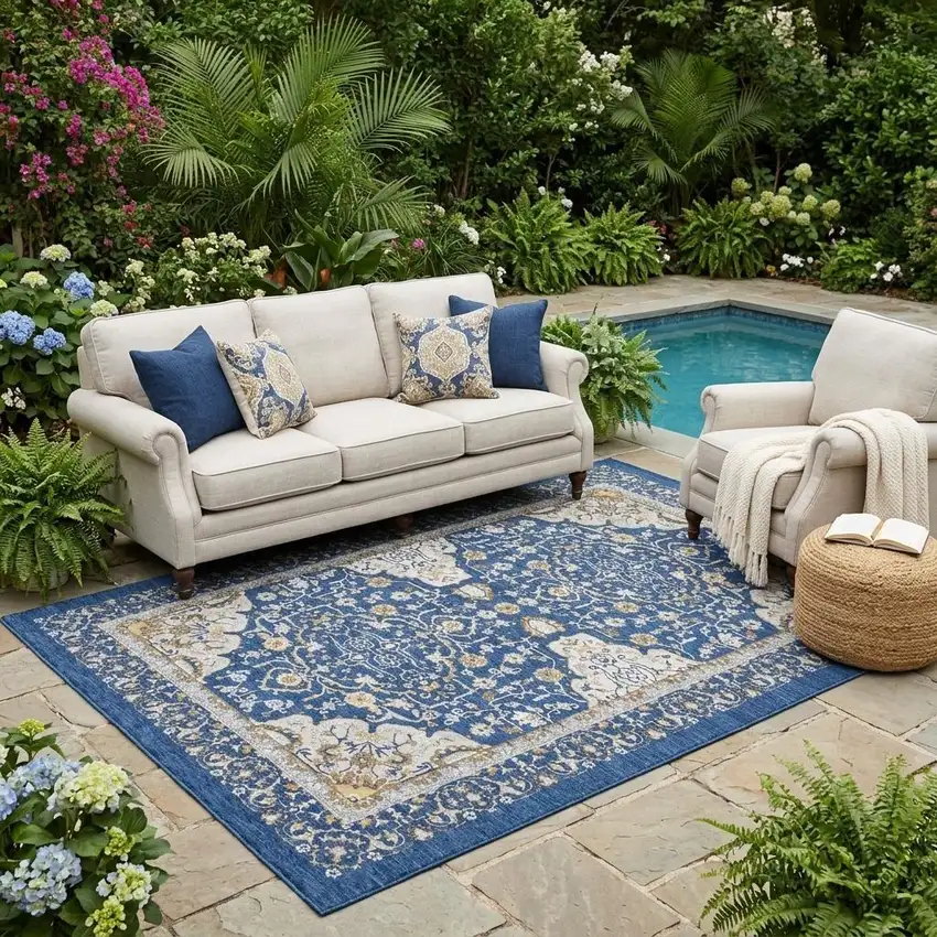 Navy Blue And Blue Oriental Washable Indoor Outdoor Area Rug Photo 1