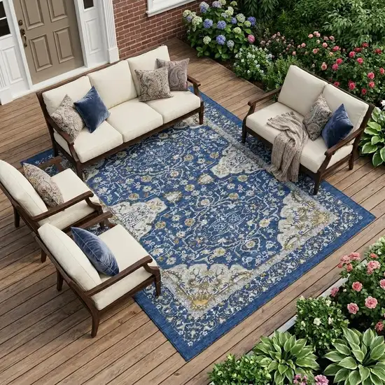Navy Blue And Blue Oriental Washable Indoor Outdoor Area Rug Photo 1