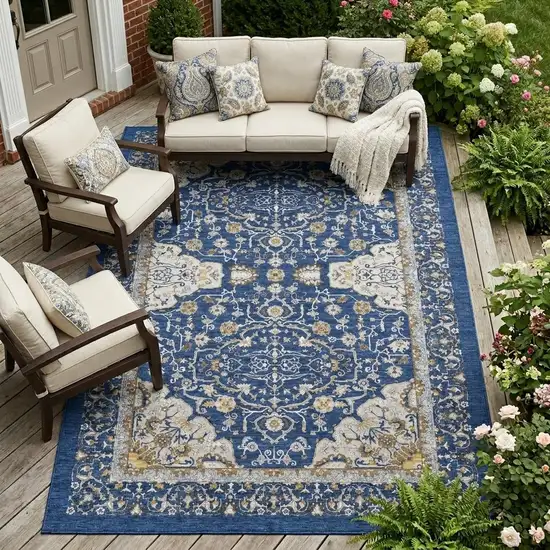 Navy Blue And Blue Oriental Washable Indoor Outdoor Area Rug Photo 1