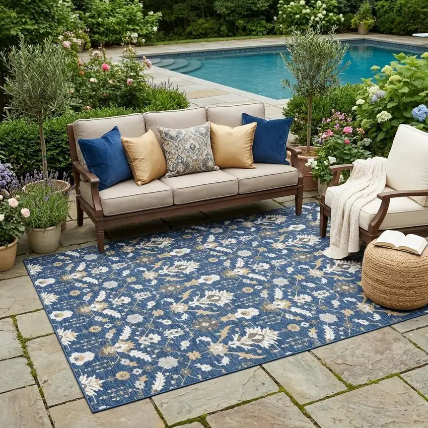 Navy Blue And Blue Oriental Washable Indoor Outdoor Area Rug Photo 1