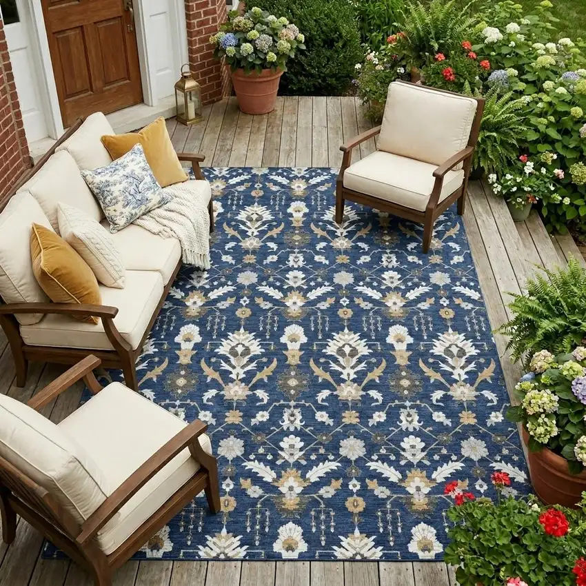Navy Blue And Blue Oriental Washable Indoor Outdoor Area Rug Photo 1