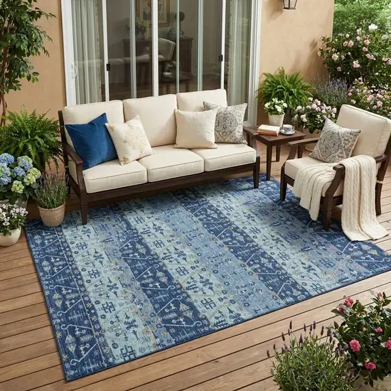 Navy Blue And Blue Oriental Washable Indoor Outdoor Area Rug Photo 1