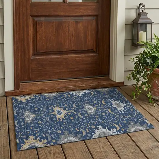 Navy Blue And Blue Oriental Washable Indoor Outdoor Area Rug Photo 1