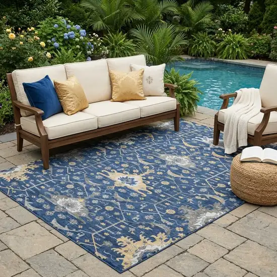 Navy Blue And Blue Oriental Washable Indoor Outdoor Area Rug Photo 1