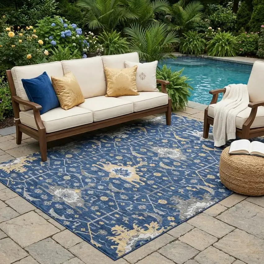 Navy Blue And Blue Oriental Washable Indoor Outdoor Area Rug Photo 1