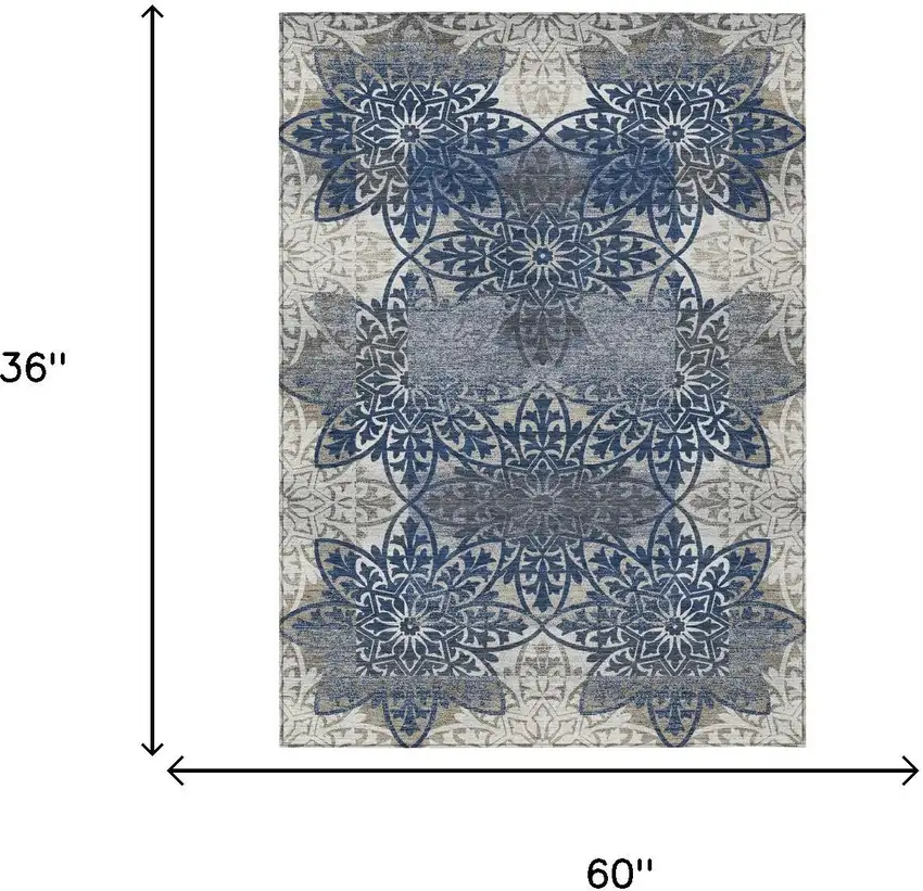 Navy Blue And Blue Oriental Washable Indoor Outdoor Area Rug Photo 6