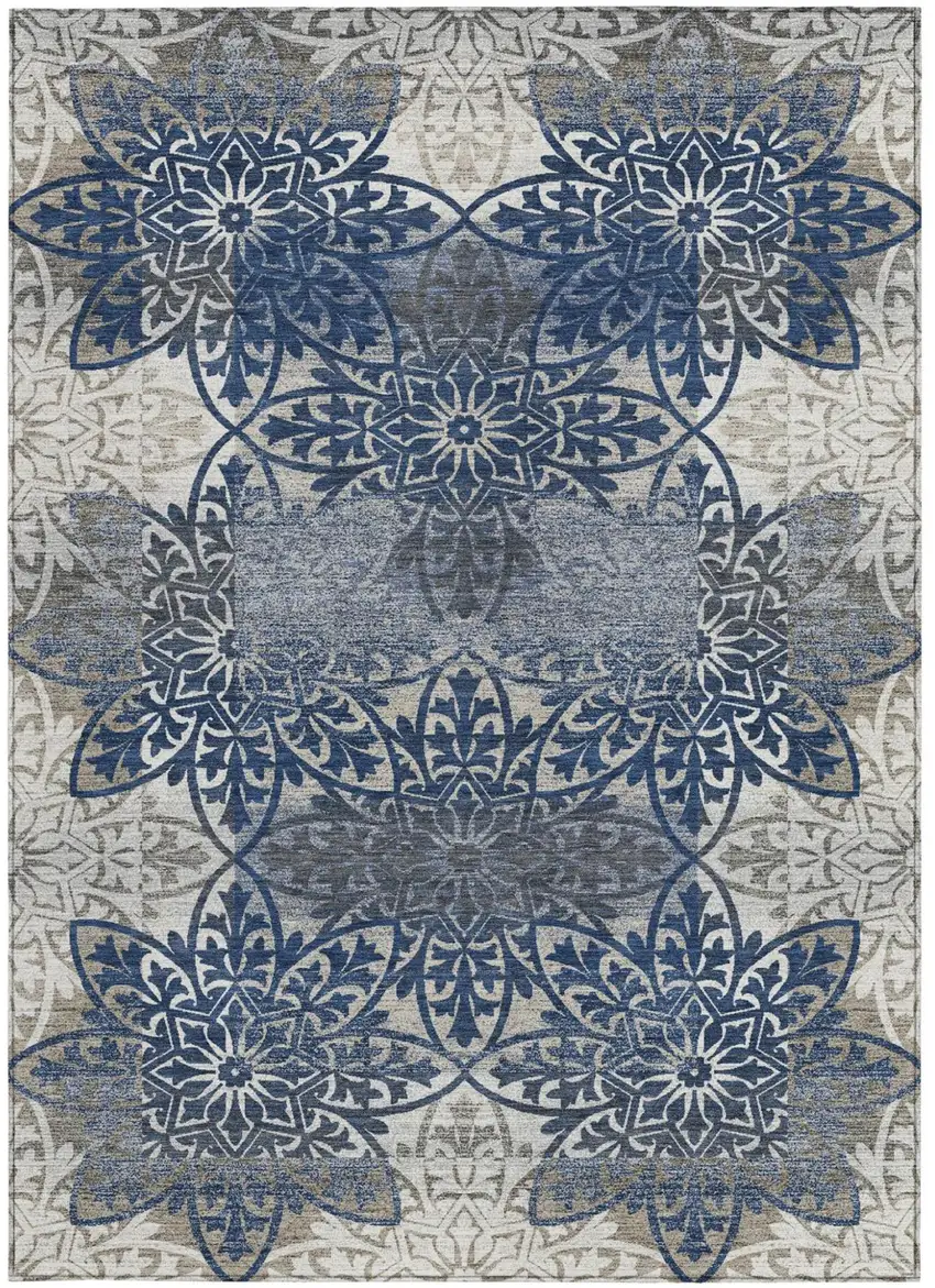 Navy Blue And Blue Oriental Washable Indoor Outdoor Area Rug Photo 3