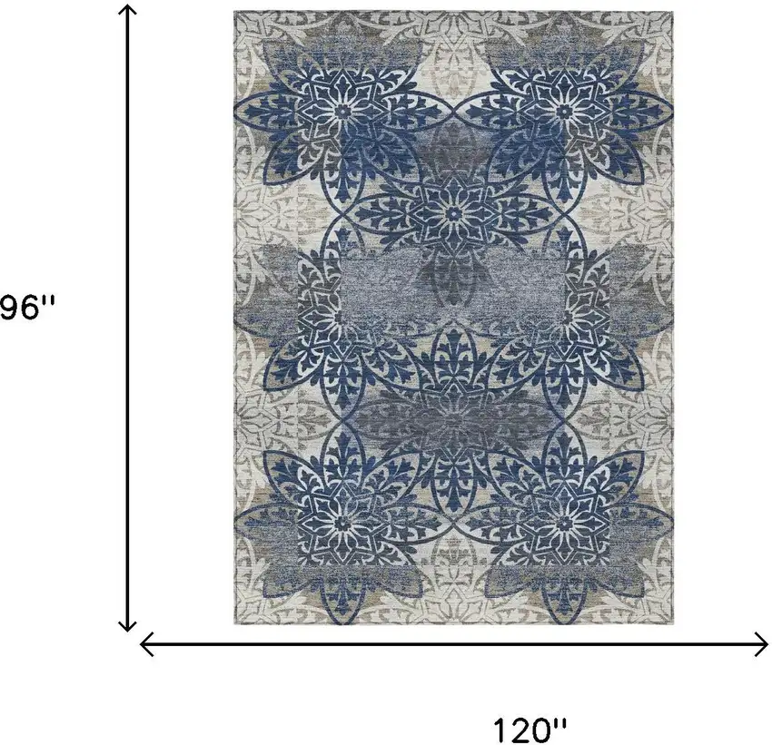 Navy Blue And Blue Oriental Washable Indoor Outdoor Area Rug Photo 6