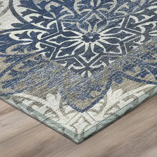 Navy Blue And Blue Oriental Washable Indoor Outdoor Area Rug Photo 4