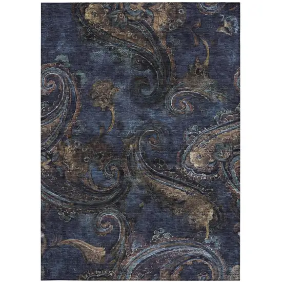 Navy Blue And Blue Paisley Washable Indoor Outdoor Area Rug Photo 4