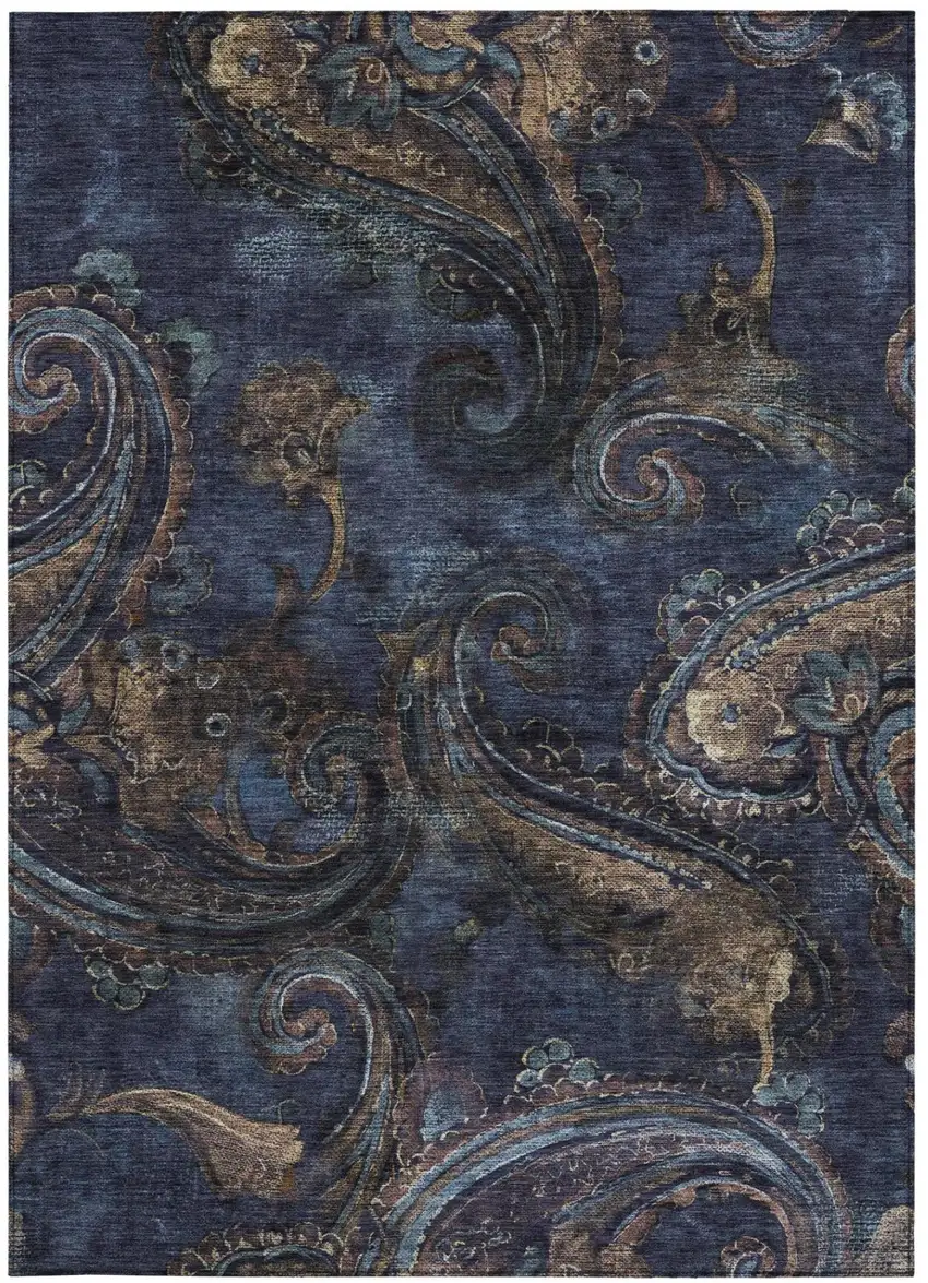 Navy Blue And Blue Paisley Washable Indoor Outdoor Area Rug Photo 4