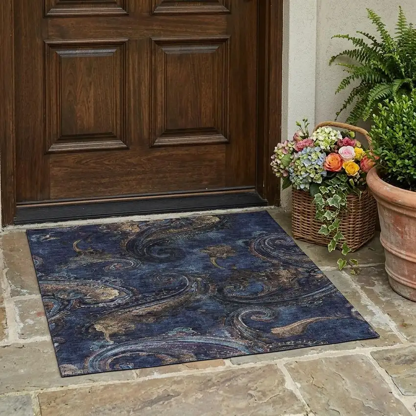 Navy Blue And Blue Paisley Washable Indoor Outdoor Area Rug Photo 1