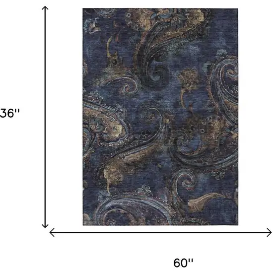 Navy Blue And Blue Paisley Washable Indoor Outdoor Area Rug Photo 7