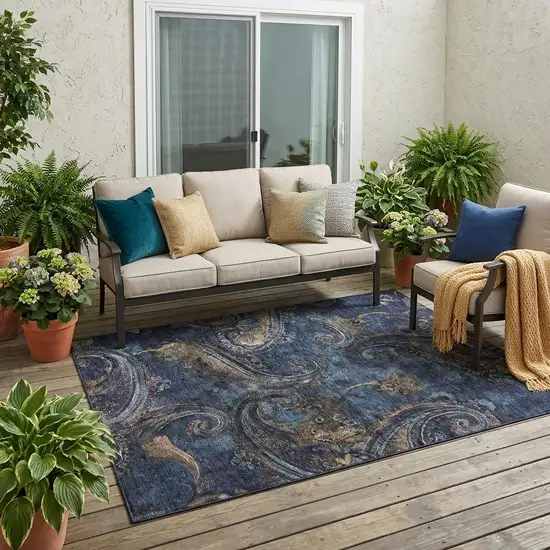Navy Blue And Blue Paisley Washable Indoor Outdoor Area Rug Photo 1