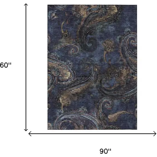 Navy Blue And Blue Paisley Washable Indoor Outdoor Area Rug Photo 7
