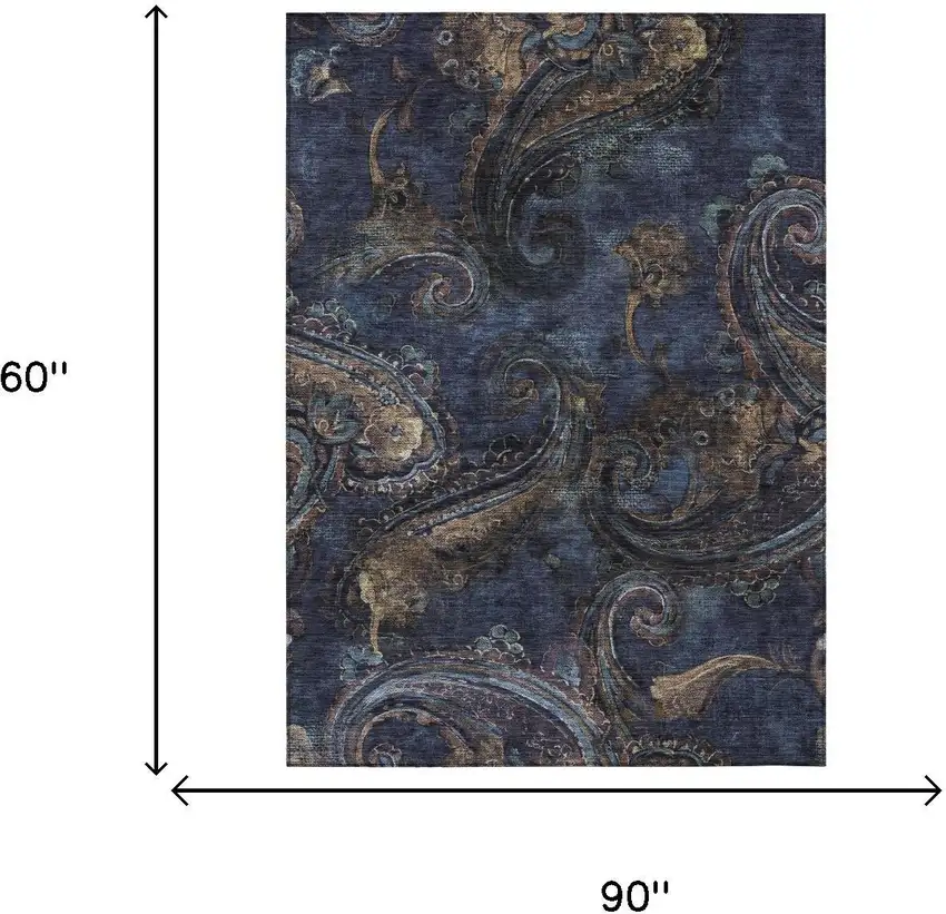 Navy Blue And Blue Paisley Washable Indoor Outdoor Area Rug Photo 7