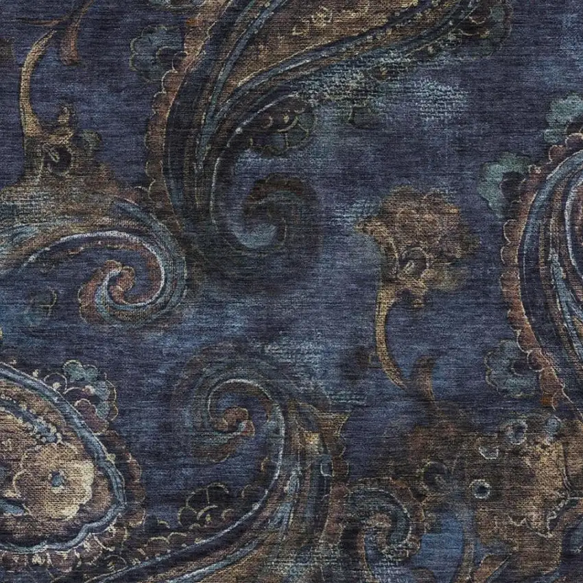 Navy Blue And Blue Paisley Washable Indoor Outdoor Area Rug Photo 3