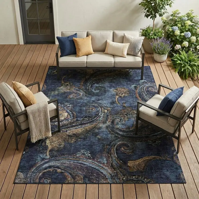 Navy Blue And Blue Paisley Washable Indoor Outdoor Area Rug Photo 1