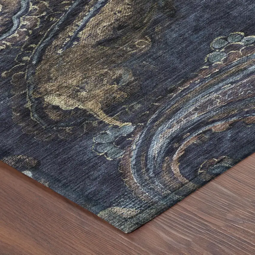 Navy Blue And Blue Paisley Washable Indoor Outdoor Area Rug Photo 5