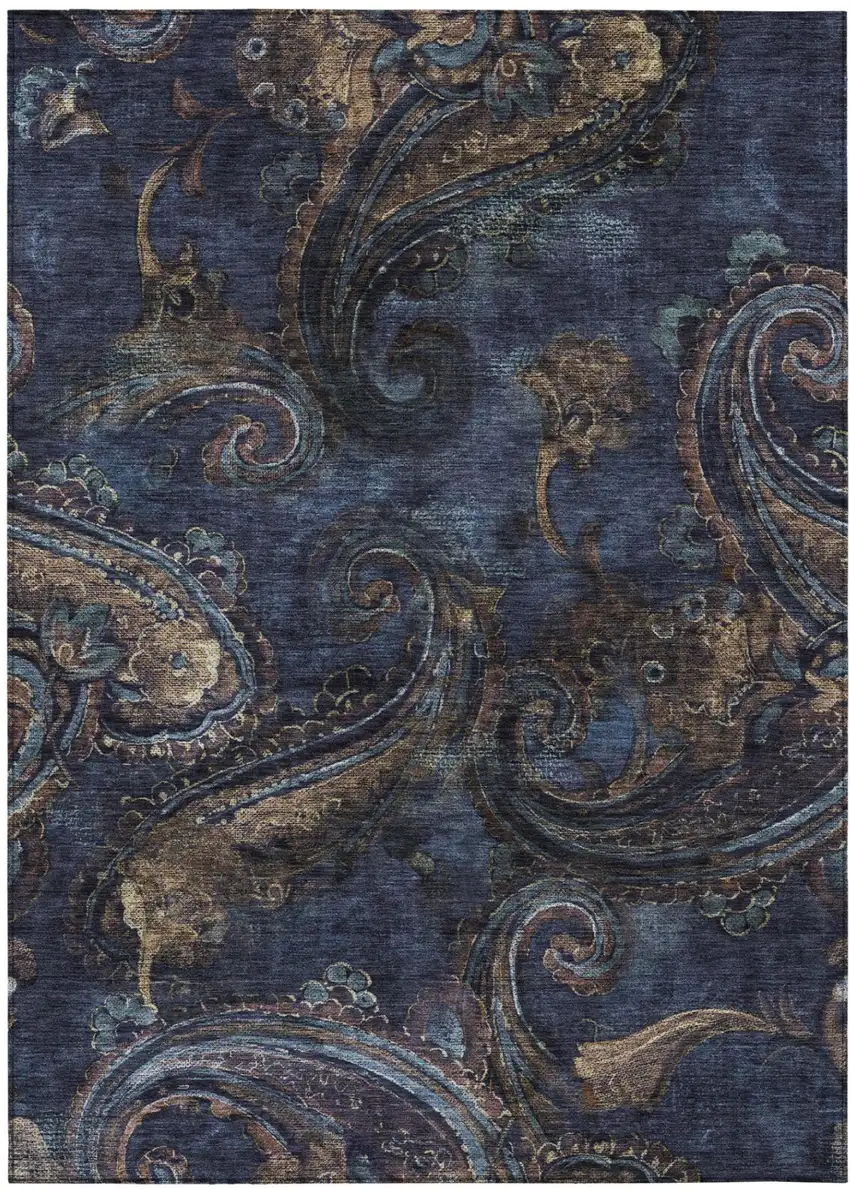 Navy Blue And Blue Paisley Washable Indoor Outdoor Area Rug Photo 2