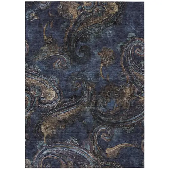Navy Blue And Blue Paisley Washable Indoor Outdoor Area Rug Photo 2