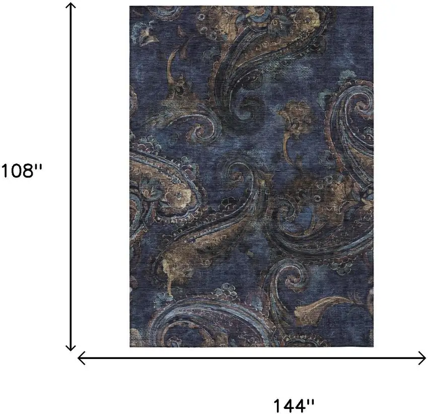 Navy Blue And Blue Paisley Washable Indoor Outdoor Area Rug Photo 7
