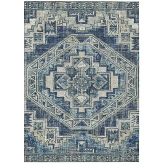Navy Blue And Blue Southwestern Washable Indoor Outdoor Area Rug Photo 2