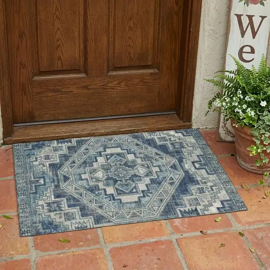 Navy Blue And Blue Southwestern Washable Indoor Outdoor Area Rug Photo 1