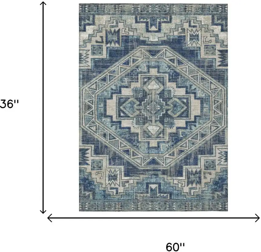 Navy Blue And Blue Southwestern Washable Indoor Outdoor Area Rug Photo 5