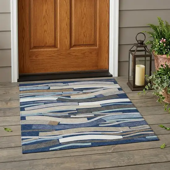 Navy Blue And Blue Striped Washable Indoor Outdoor Area Rug Photo 1