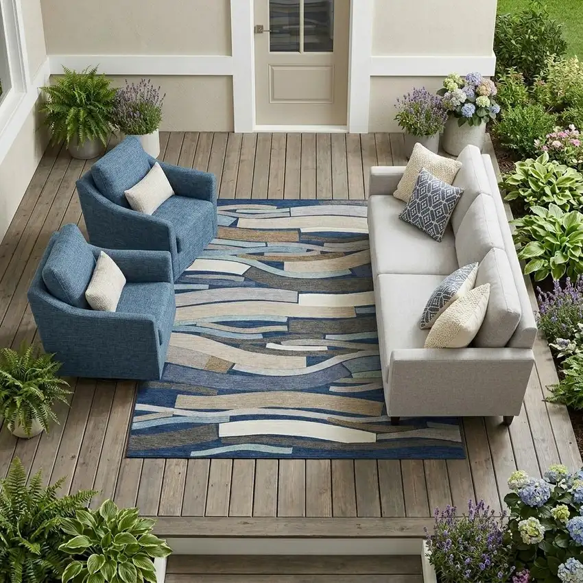 Navy Blue And Blue Striped Washable Indoor Outdoor Area Rug Photo 1