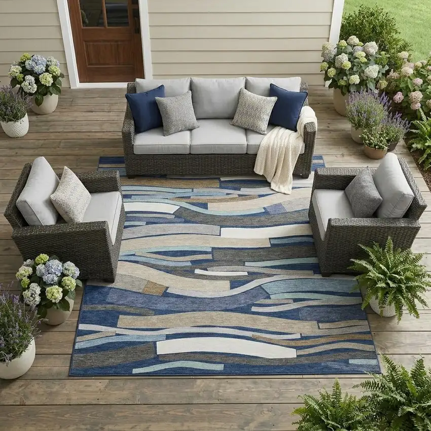 Navy Blue And Blue Striped Washable Indoor Outdoor Area Rug Photo 1