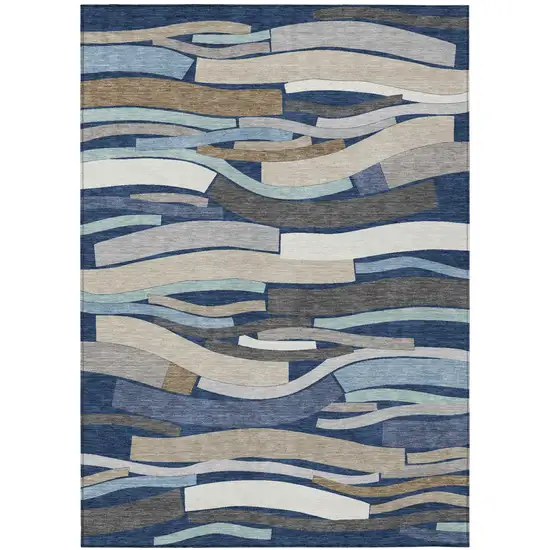 Navy Blue And Blue Striped Washable Indoor Outdoor Area Rug Photo 2