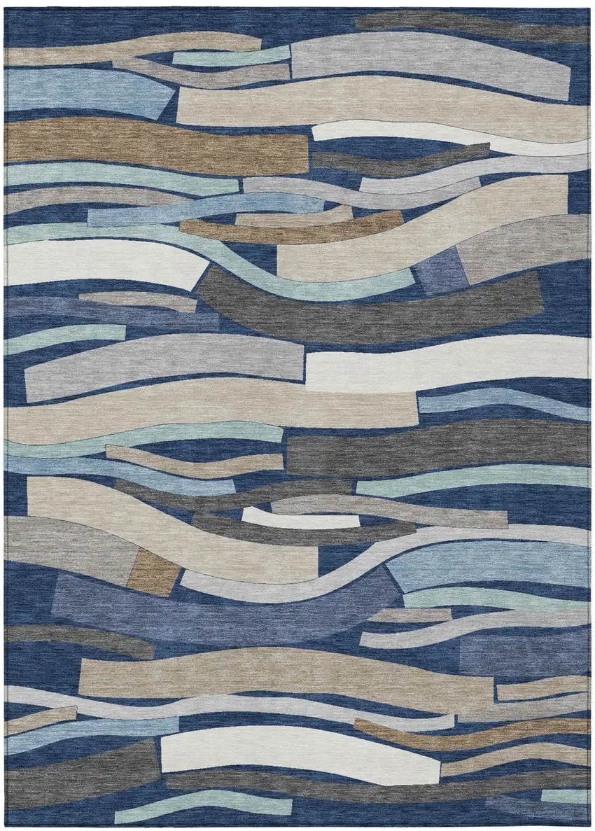 Navy Blue And Blue Striped Washable Indoor Outdoor Area Rug Photo 2