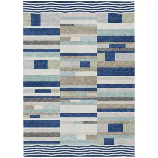 Navy Blue And Blue Striped Washable Indoor Outdoor Area Rug Photo 2