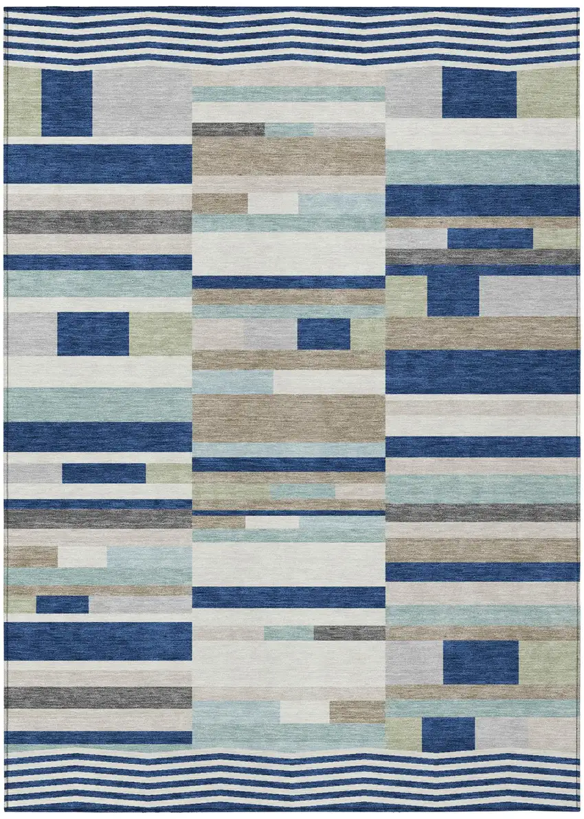 Navy Blue And Blue Striped Washable Indoor Outdoor Area Rug Photo 2