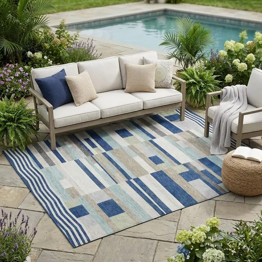 Navy Blue And Blue Striped Washable Indoor Outdoor Area Rug Photo 1