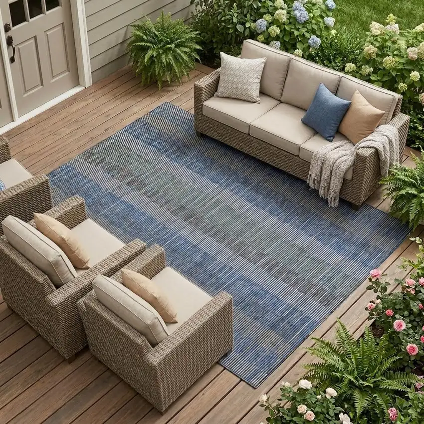 Navy Blue And Blue Striped Washable Indoor Outdoor Area Rug Photo 1