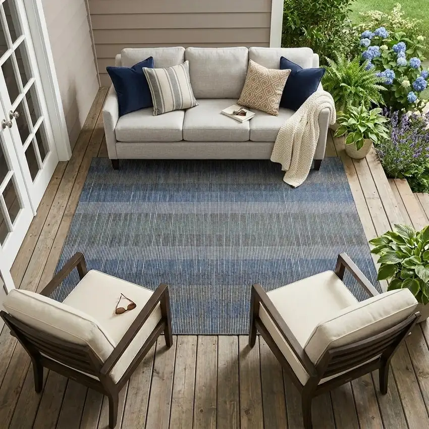 Navy Blue And Blue Striped Washable Indoor Outdoor Area Rug Photo 1