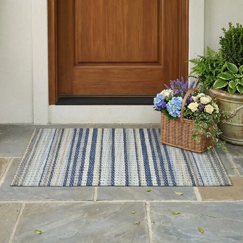 Navy Blue And Blue Striped Washable Indoor Outdoor Area Rug Photo 1