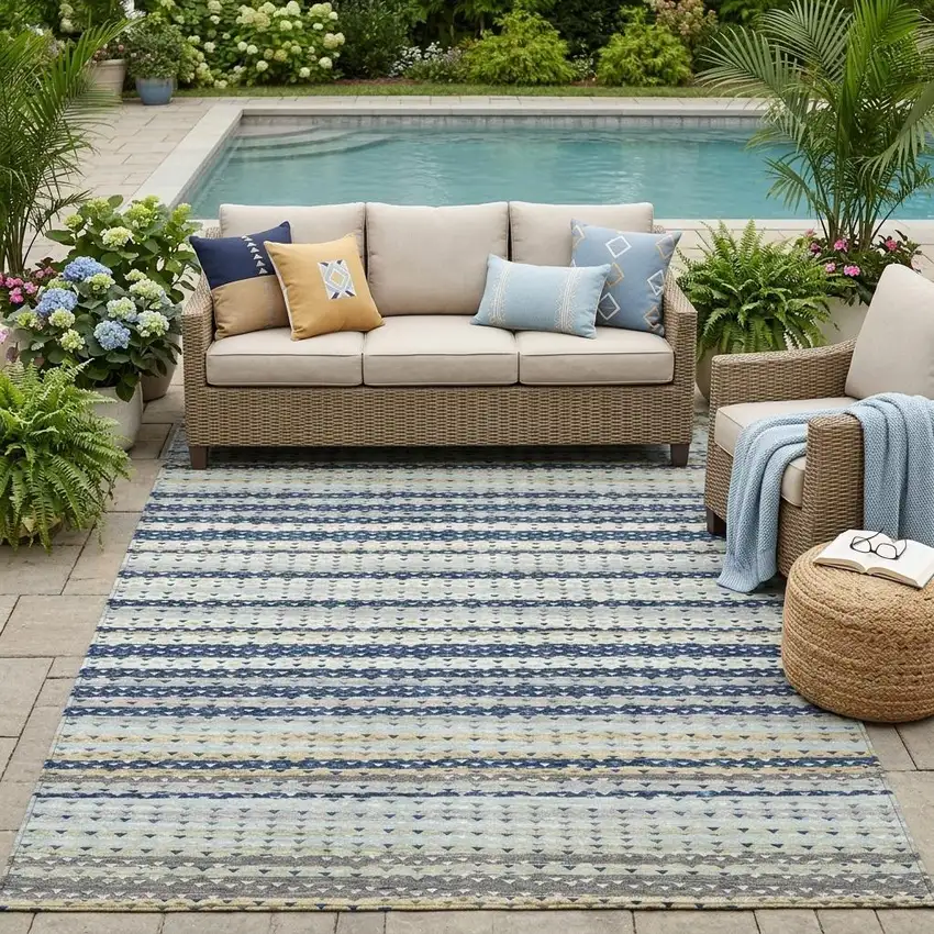 Navy Blue And Blue Striped Washable Indoor Outdoor Area Rug Photo 1